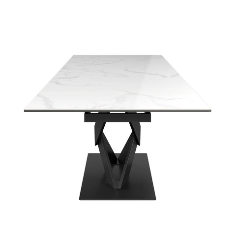 Hing Gloss White marble Effect ceramic Top Dining Table with Modern Pedestal Base