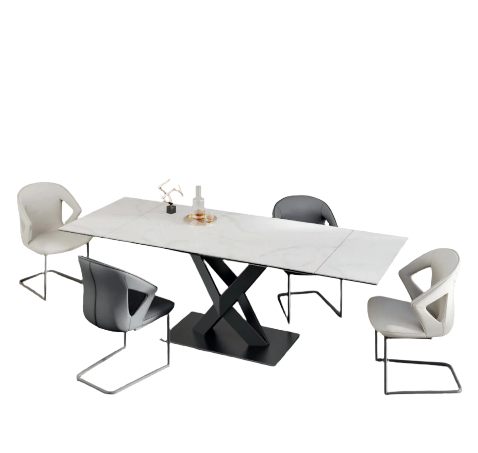 Phoenix White Gloss Ceramic Extending Dining Table and 6 Faux Leather Dining Chairs