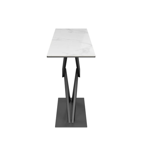 Phoenix White Gloss Marble Effect Ceramic Console Table with Grey Painted Metal Base - side view