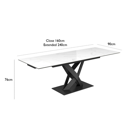 Phoenix White High Gloss Marble Effect Ceramic on Glass Extending Dining Table with  Grey Painted Steel Base - Dimensions 