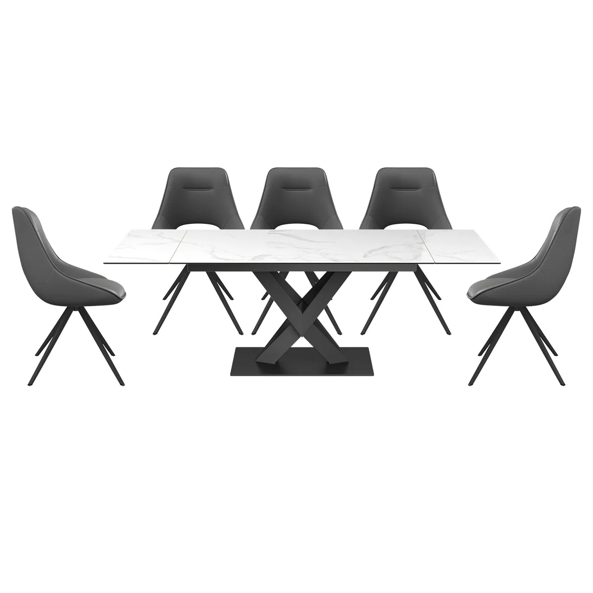 Phoenix White High Gloss Ceramic on Glass Dining Table with Leather Swivel Dining Chairs