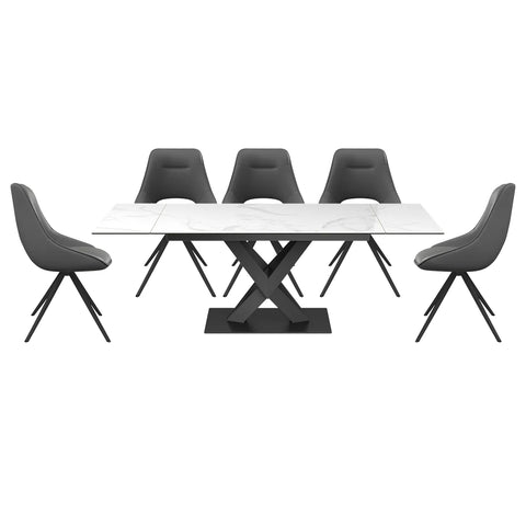 Phoenix White High Gloss Ceramic on Glass Dining Table with Leather Swivel Dining Chairs