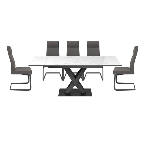 Phoenix White High Gloss Ceramic Extending. Dining Table with Merlin Grey Leather Dining Chairs Set