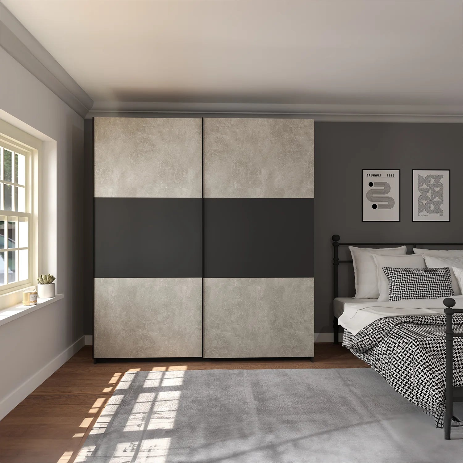 Portvelle 181cm Wide Stone Effect Grey and Graphite Decor Sliding Door Wardrobe