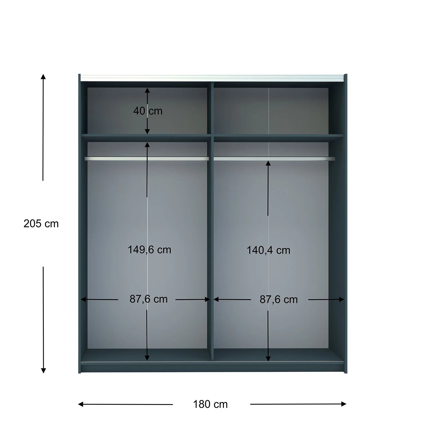 Portvelle Stone Effect Grey and Graphite Decor Sliding Door Wardrobe - Internal Details and Dimensions