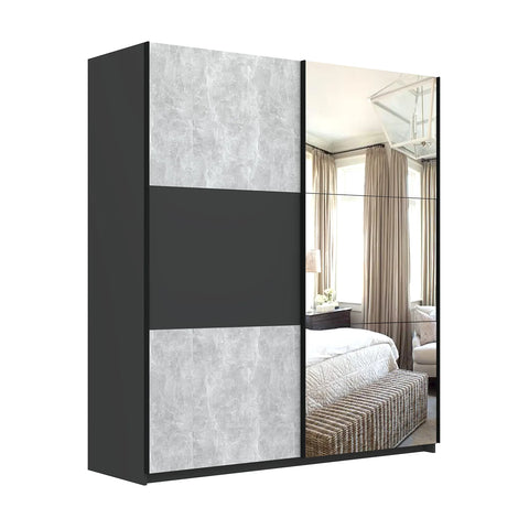 Portvelle Stone Effect Grey and Graphite Decor Sliding Door Wardrobe With Mirror