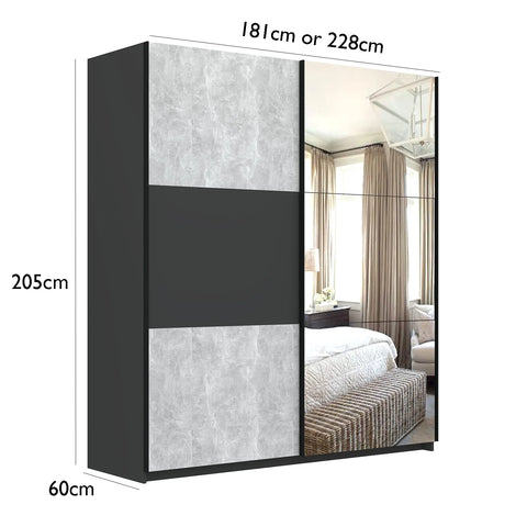 Portvelle Stone Effect Grey and Graphite Decor Sliding Door Wardrobe With Mirror - Dimensions