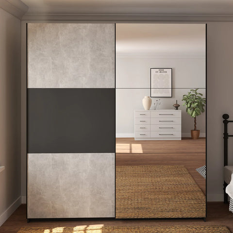 Portvelle Stone Effect Grey and Graphite Decor 228cm Sliding Door Wardrobe With Mirror