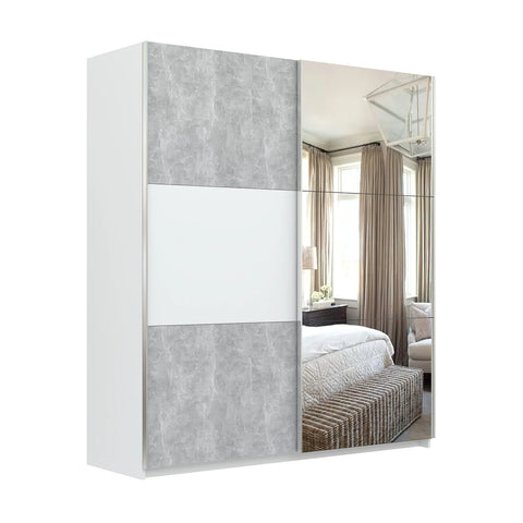 Portvelle Stone Effect Grey and White Decor Sliding Door Wardrobe with Mirror