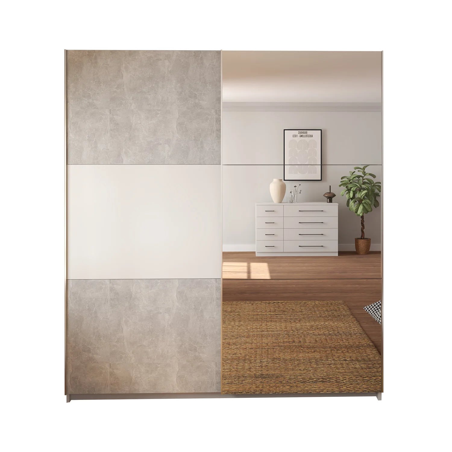 Portvelle 228cm Wide Stone Effect Grey and White Decor Sliding Door Wardrobe with Mirror