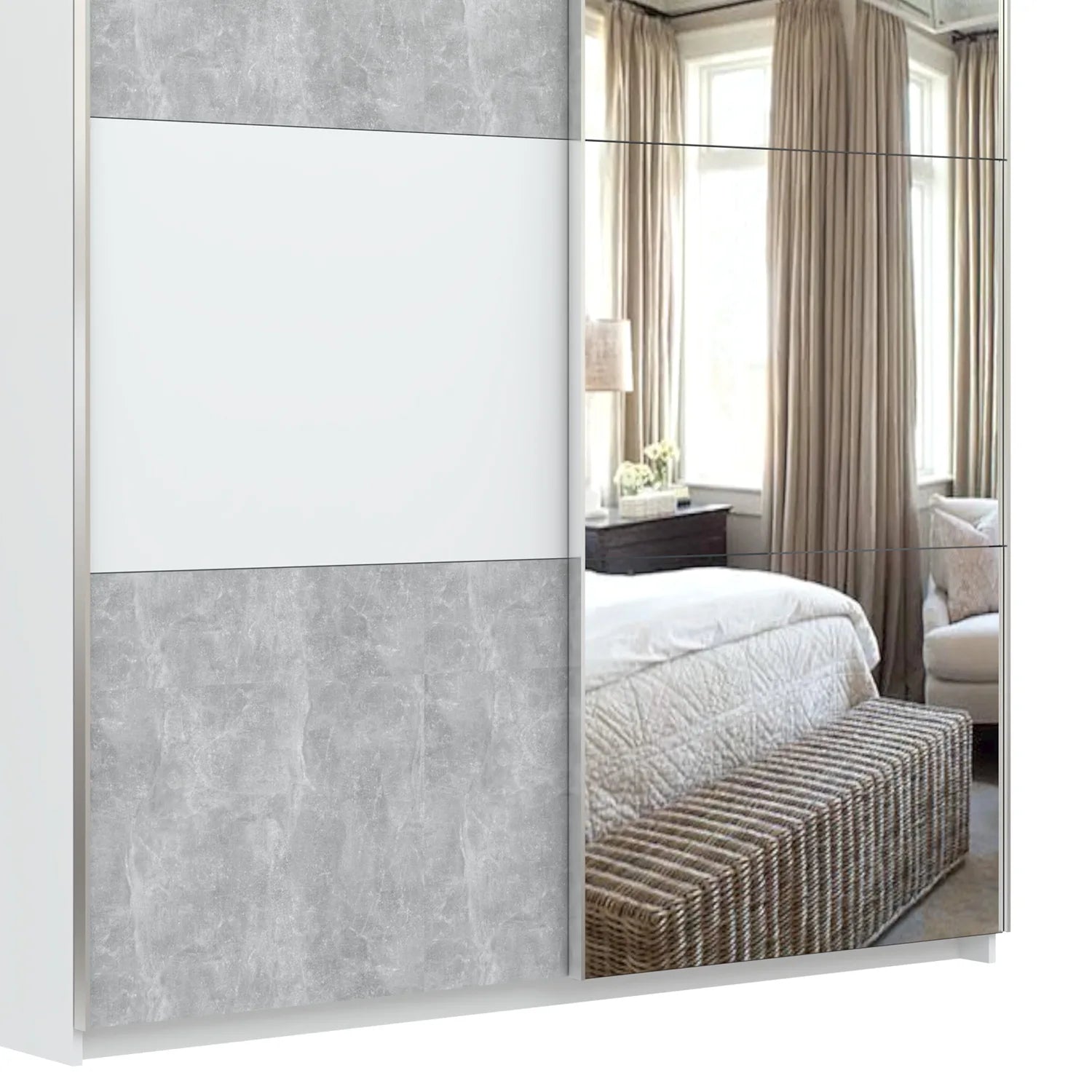 Portvelle Stone Effect Grey and White Decor Sliding Door Wardrobe with Mirror - Closeup