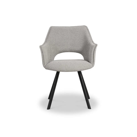 Harley Grey Boucle Dining Chairs, Set of 4. Also available in Distressed Grey Leather and Tan Faux Suede - Front View 