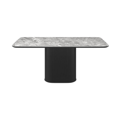 Blakely High Gloss Light Grey Marble Effect Ceramic Top Dining Table with Pedestal Base - 001