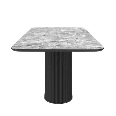 Blakely High Gloss Light Grey Marble Effect Ceramic Top Dining Table with Pedestal Base - Side view