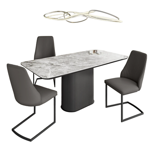 Blakely High Gloss Light Grey Marble Effect Ceramic Top Dining Table with Pedestal Base With 5 Blakely Grey Leather Dining Chairs 