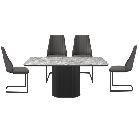 Blakely High Gloss Light Grey Marble Effect Ceramic Top Dining Table with Pedestal Base With 5 Blakely Grey Leather Dining Chairs - Front View