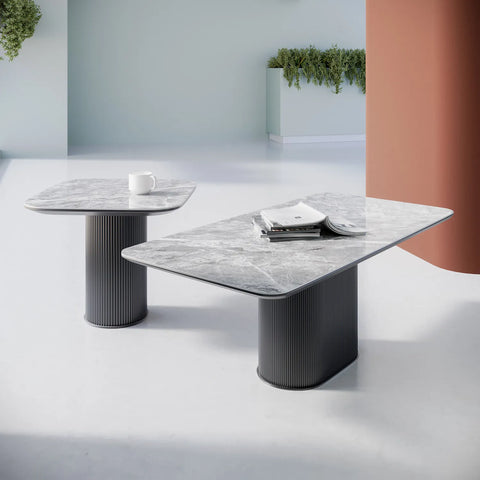 Blakely High Gloss Light Grey Marble Effect Ceramic Coffee Table with Pedestal Base - Lifestyle