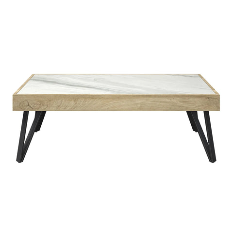 Ragnor White Ceramic & Wooden Frame Coffee Table. The Ragnor collection features a Coffee Table, Console Table and Side Table - Front View of Coffee Table