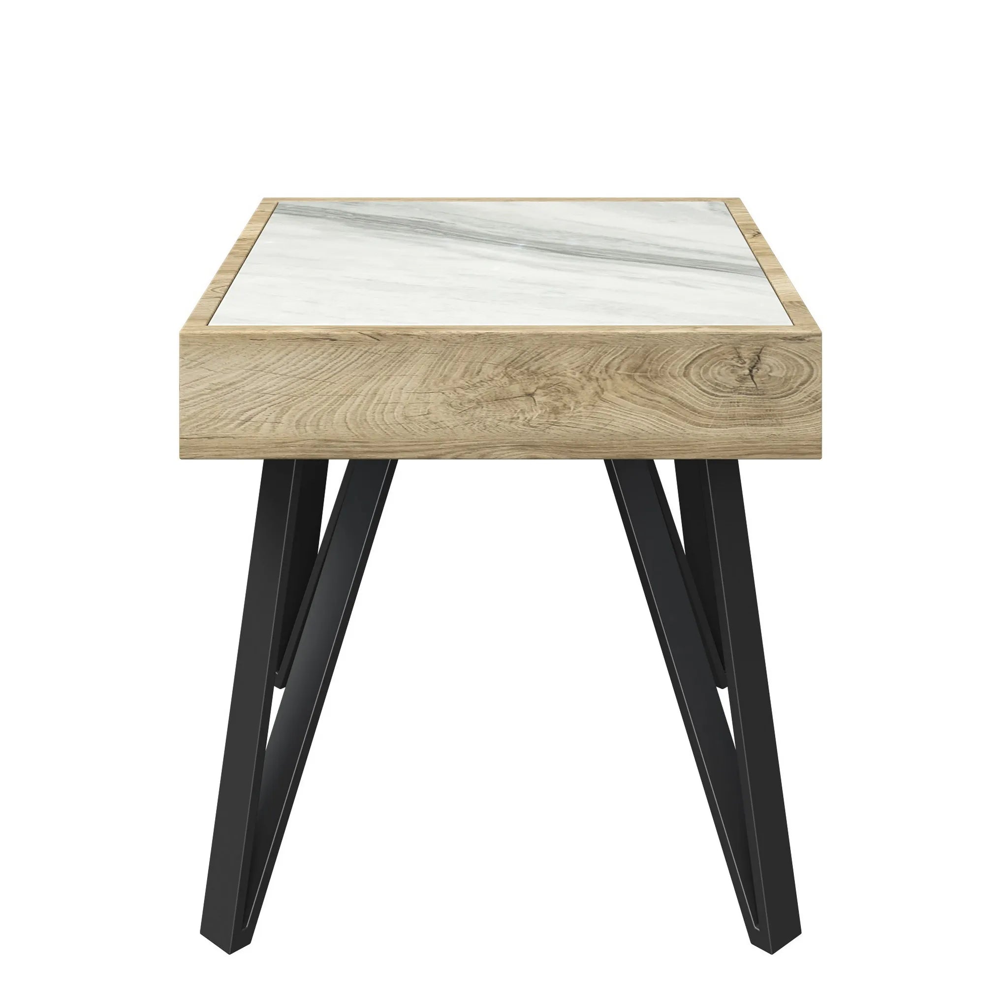 Ragnor White Ceramic & Wooden Frame Side Table. The Ragnor Collection features a Coffee Table, Console Table and Side Table - Side View