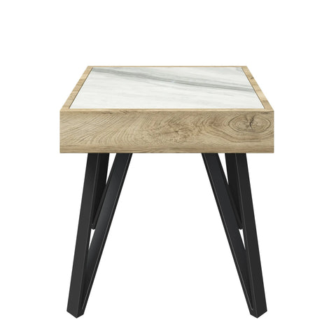 Ragnor White Ceramic & Wooden Frame Side Table. The Ragnor Collection features a Coffee Table, Console Table and Side Table - Side View