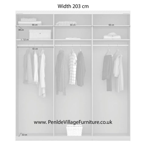 Rauch Forms 3 Door Sliding Wardrobe in Silk Grey with Middle Mirror door and White Handles. Available in Small (203cm) and Large (271cm) widths, with options for 210cm or 229cm height. Designed for bedroom storage with customisable interior Pendle Village Furniture Wardrobes - Interior Details for Width 203cm