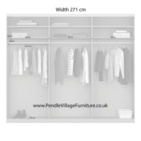 Rauch Formes Decor 3 Door Sliding Wardrobe With Middle Mirror Door Available in 2 Heights 210cm or 229cm and also have two width options 203cm and 271cm - Interior Details width 271 cm