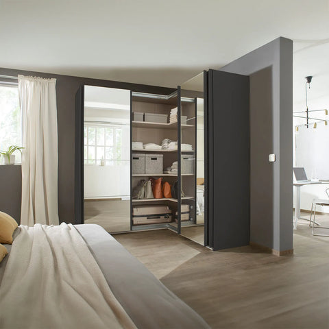 Rauch Lema 4 Door Sliding Corner Wardrobe in Metallic Grey Glass, also available in White Glass and Silk Grey Glass and Matte -  Open Middle Doors