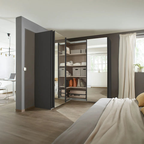 Rauch Lema 4 Door Sliding Corner Wardrobe in Metallic Grey Glass, also available in White Glass and Silk Grey Glass and Matte -  Open Middle Door