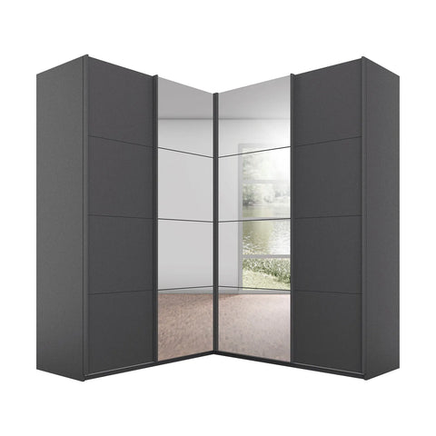 Lima 181cm 4 Door Corner Sliding Wardrobe with 2 Decor Doors and 2 Mirror Doors 210cm Tall or 229cm Tall