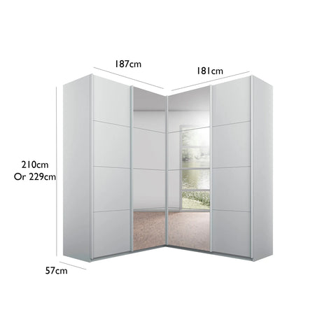 Rauch Lema 4 Door Sliding Corner Wardrobe in Silk Grey Glass, also available in White Glass and Basalt Glass - Dimensions 