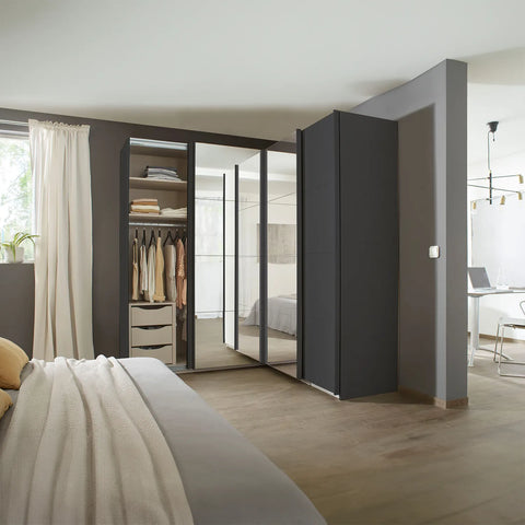 Rauch Lema 4 Door Sliding Corner Wardrobe in Metallic Grey Glass, also available in White Glass and Silk Grey Glass and Matte -  With Drawer Insert