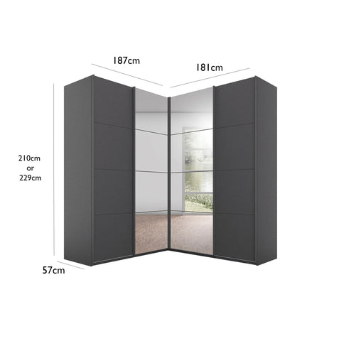 Rauch Lema 4 Door Sliding Corner Wardrobe in Metallic Grey Glass, also available in White Glass and Silk Grey Glass and Matte -  Wardrobe Dimensions 