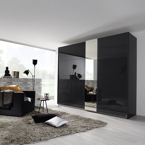 Rauch Perth Black Glass and Mirror Front Sliding Door Wardrobe available in Width 181cm, 226cm and 271cm. Large Modern Sliding Door Wardrobe