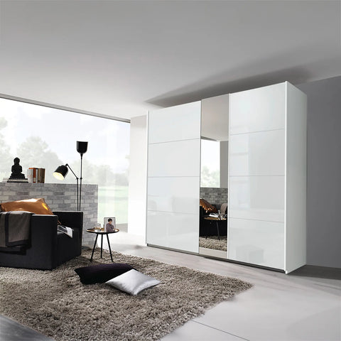 Rauch White Perth white glass Sliding Door Wardrobe with Illumination LED light around the mirror