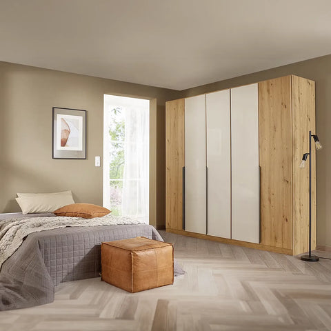 Artemis Oak & Champagne Glass 5 Door Hinged Wardrobe- 226cm