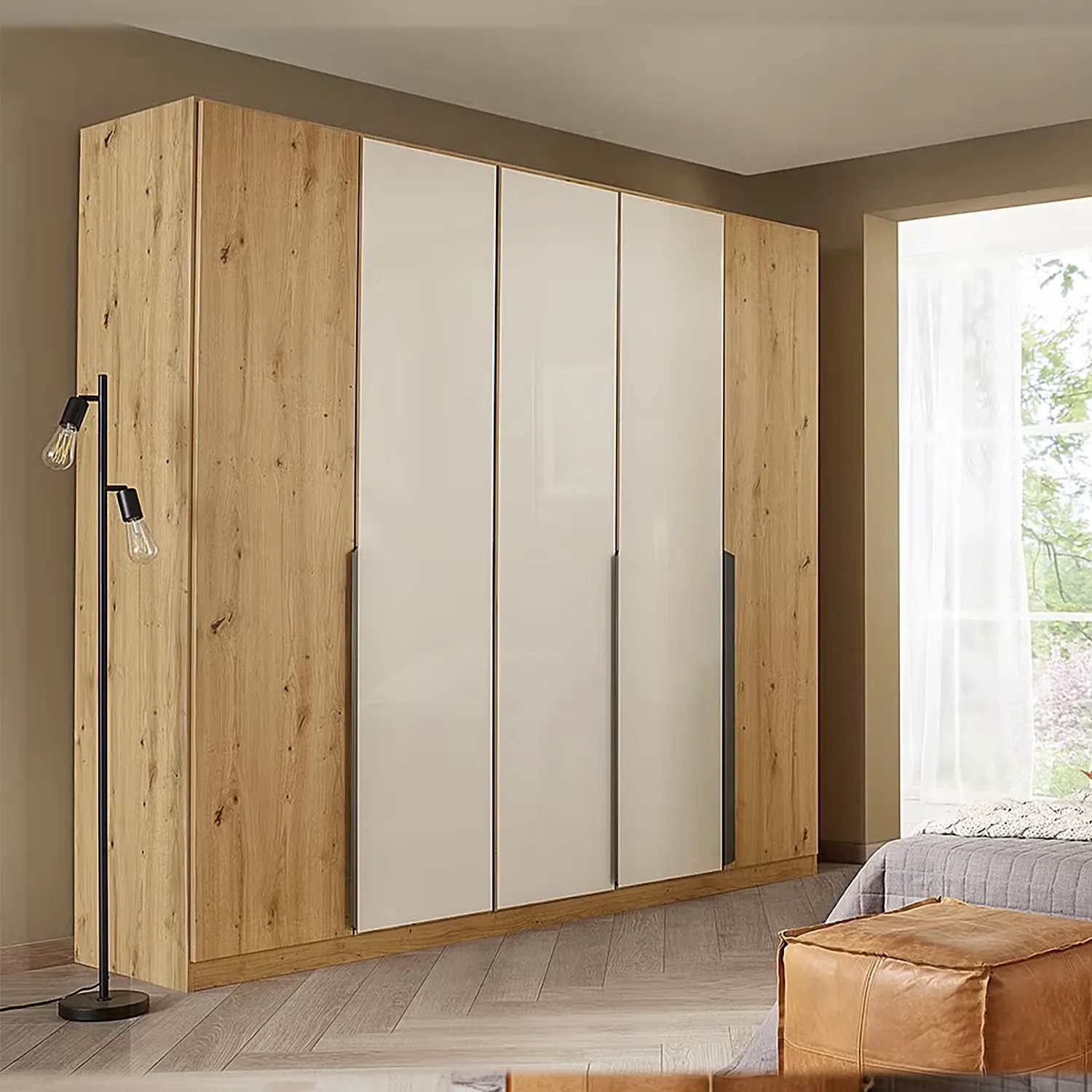 Artemis Oak & Champagne Glass 5 Door Hinged Wardrobe- 226cm