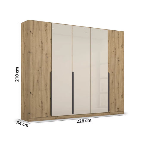 Artemis Oak & Champagne Glass 5 Door Hinged Wardrobe- 226cm