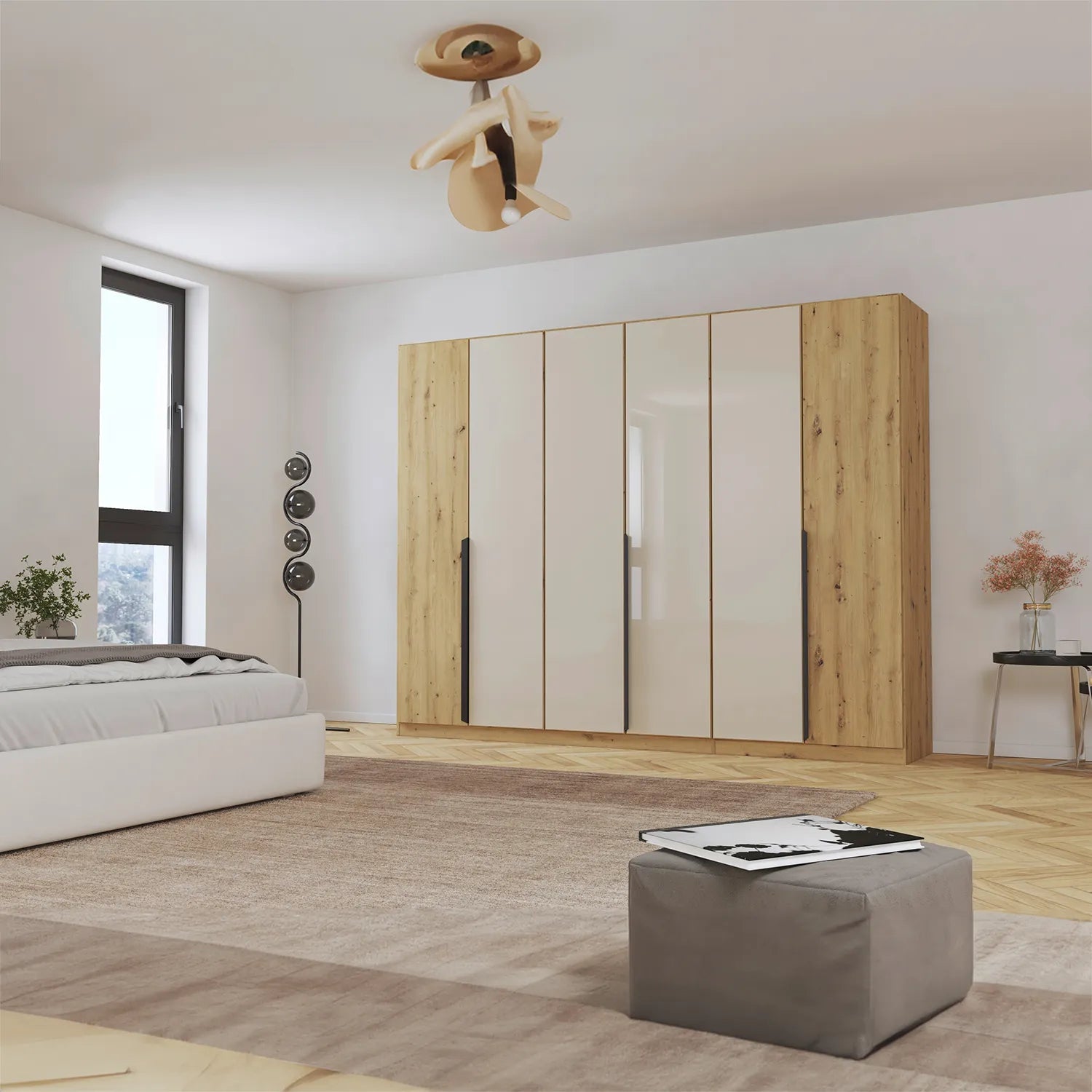 Artemis Oak & Champagne Glass 6 Door Hinged Wardrobe - 271cm