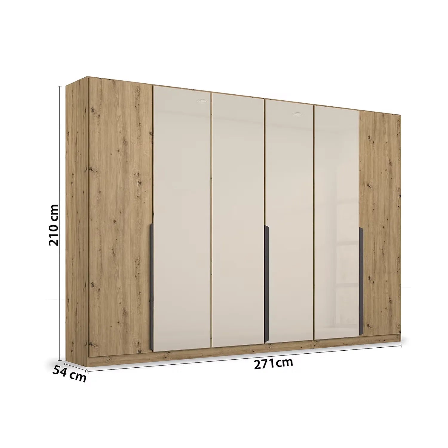 Artemis Oak & Champagne Glass 6 Door Hinged Wardrobe - 271cm