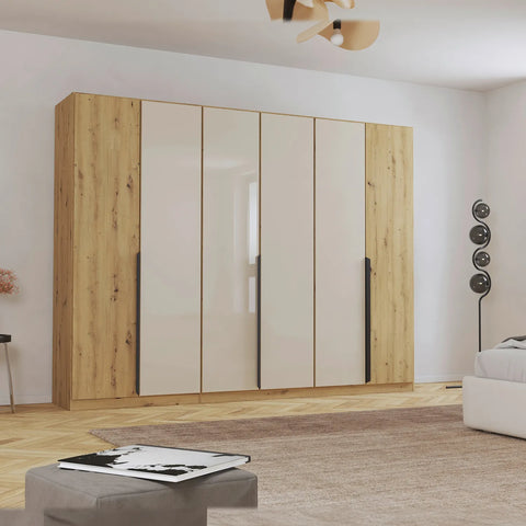 Artemis Oak & Champagne Glass 6 Door Hinged Wardrobe - 271cm