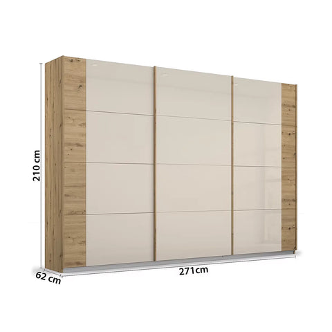 Artemis Oak & Champagne Glass 3 Door Sliding Wardrobe - W271cm