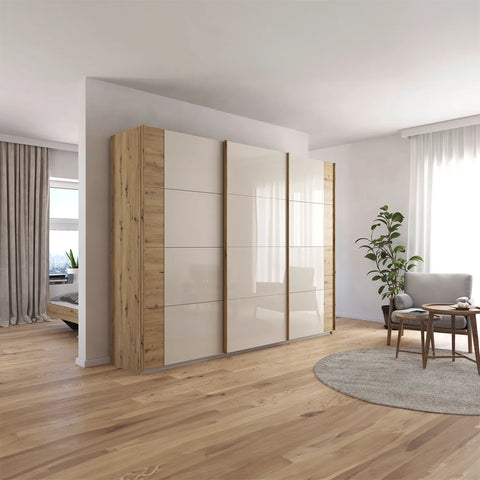 Artemis Oak & Champagne Glass 3 Door Sliding Wardrobe - W271cm