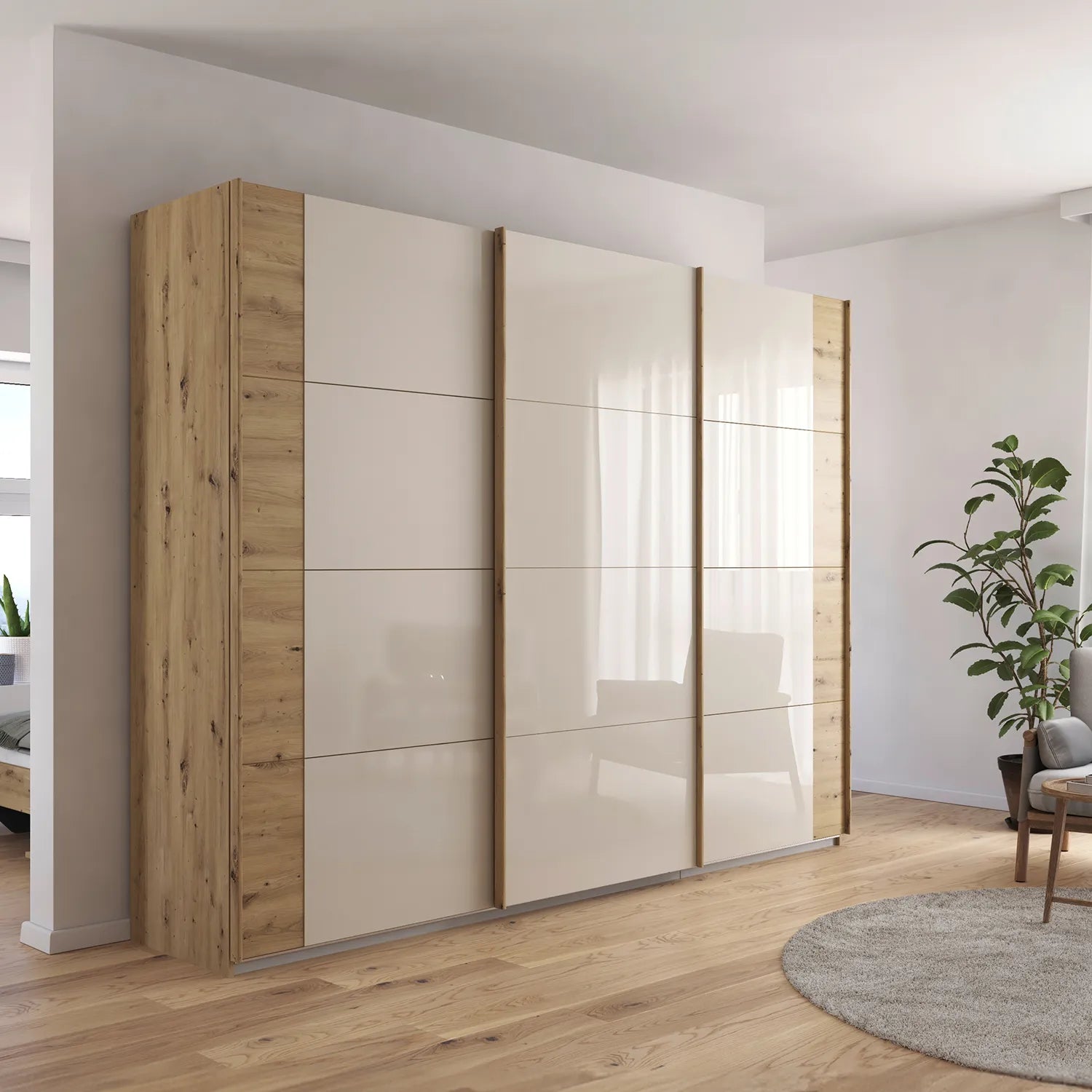 Artemis Oak & Champagne Glass 3 Door Sliding Wardrobe - W271cm