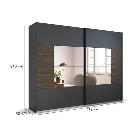 Rauch Barea Metallic Grey Sliding Door Wardrobe With Mirror -  Dimensions 271cm