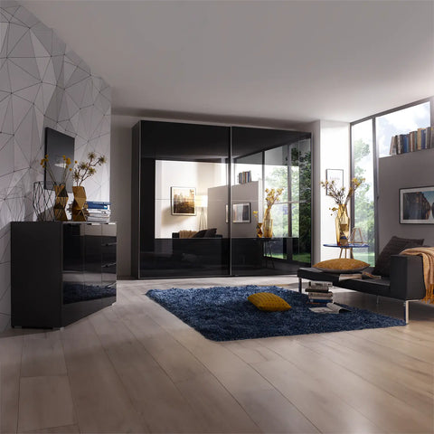 Rauch Basalt Glass Rio 226cm 2 Door Sliding Wardrobe, Dimensions: Width: 226cm, Height Available in 223cm and 235cm, Depth:68cm - Bedroom Furniture Set