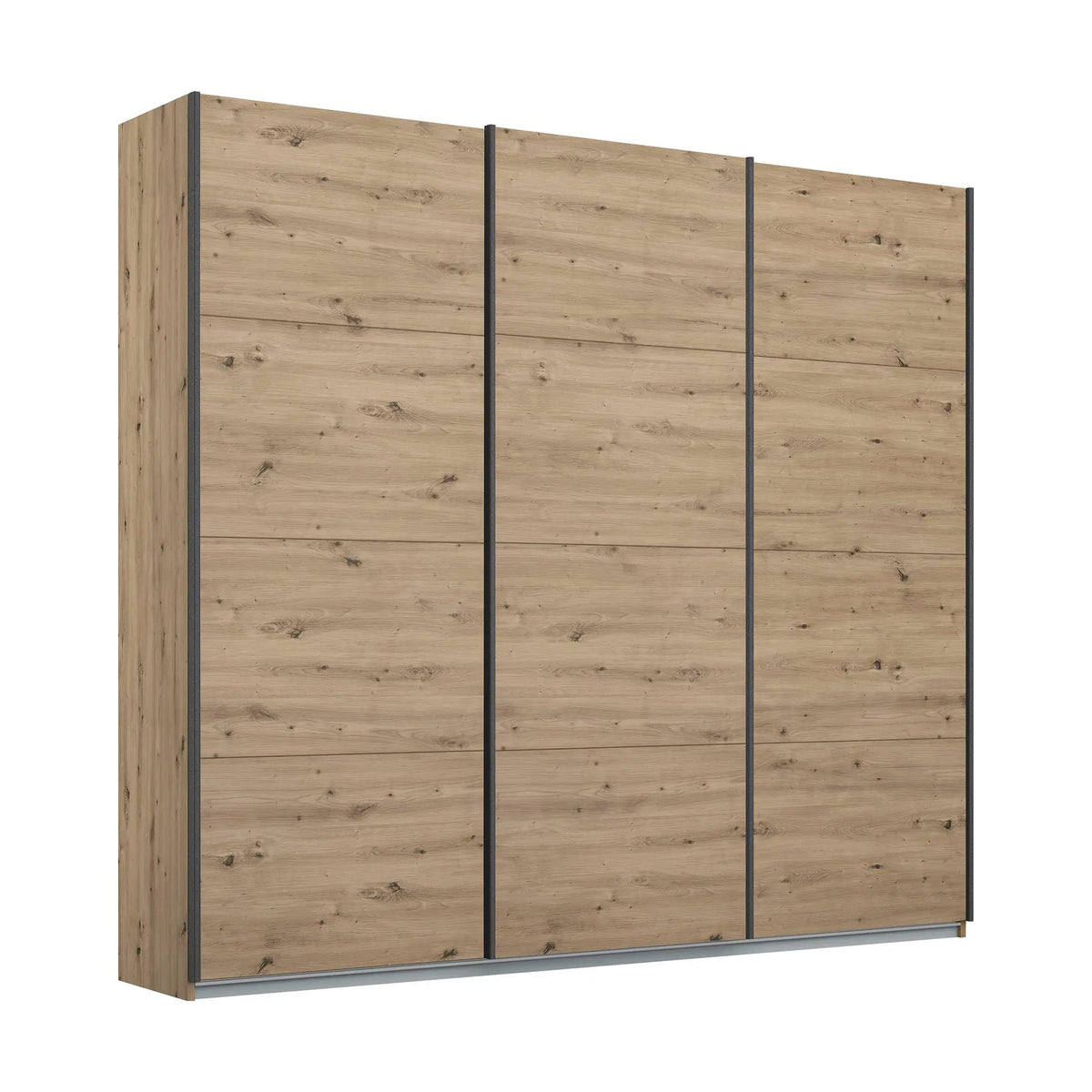 Pendle Village Furniture presents Rauch Forms 3 Door Sliding Wardrobe in Warm Oak with Metallic Grey Handles. Three internal compartments offer ample storage. Choose from two height options – 210cm or 229cm. Available in two width sizes: Small (203cm) and Large (271cm). Enjoy the convenience of Free Assembly. 