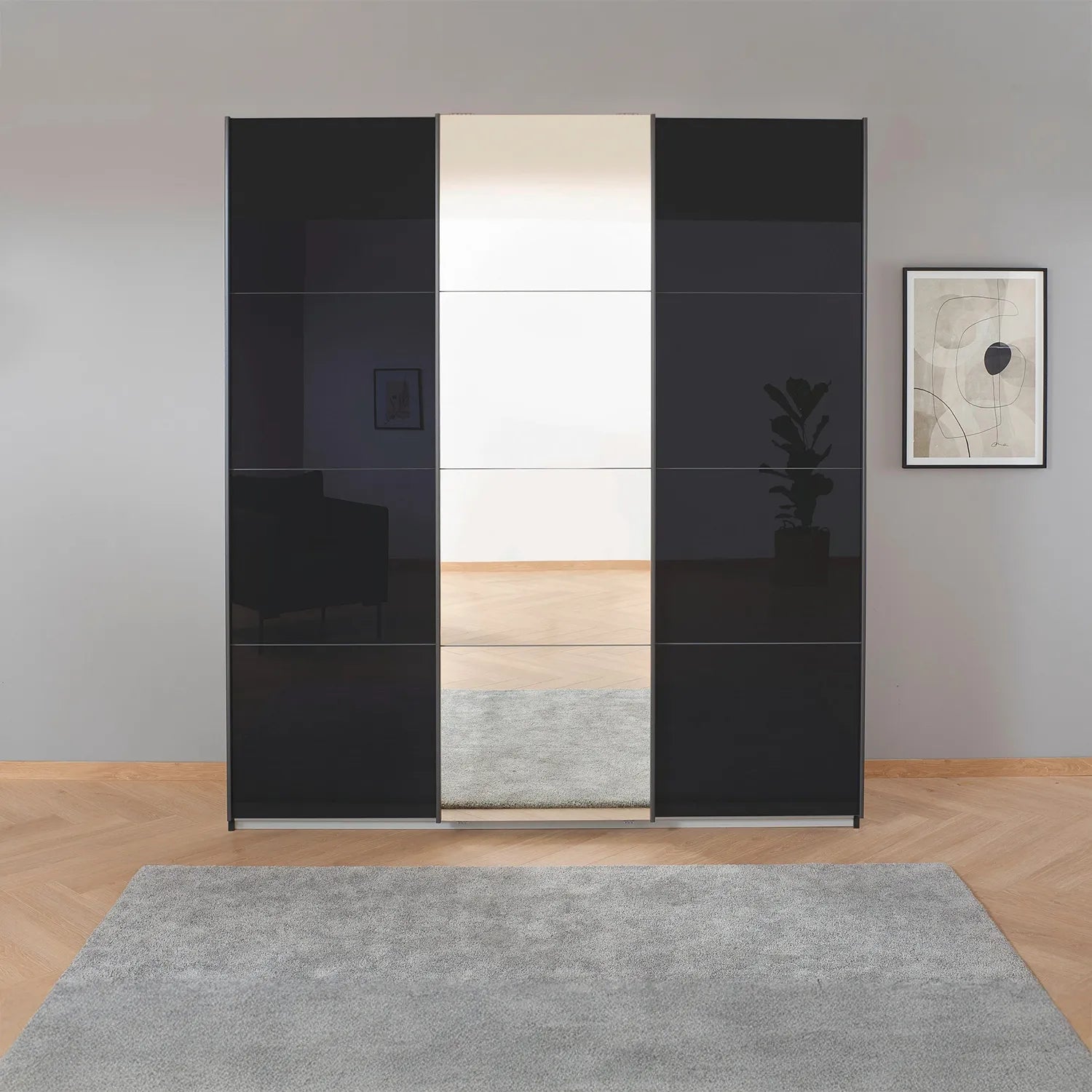 Rauch Forms Black Glass 3 Door Sliding Wardrobe with Mirror