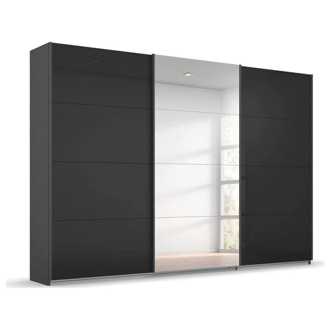 Rauch Forms Black Glass 271cm wide. 3 Door Sliding Wardrobe with Mirror