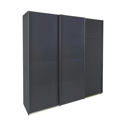 Rauch Forms Metallic Grey Sliding Wardrobe with customizable interior, elegant handles, and 10-year warranty. Free assembly and delivery by Pendle Village Furniture - Side View