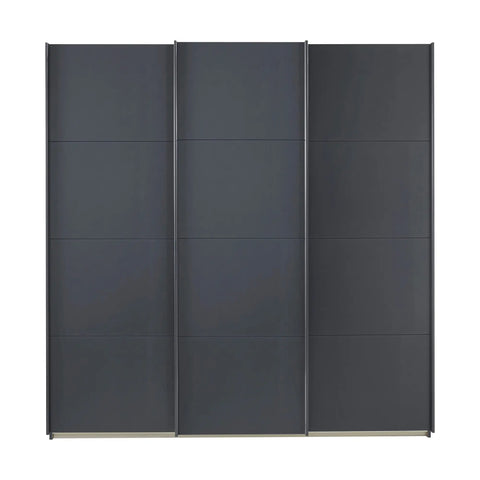 Rauch Forms Metallic Grey Sliding Wardrobe with customizable interior, elegant handles, and 10-year warranty. Free assembly and delivery by Pendle Village Furniture - Front View